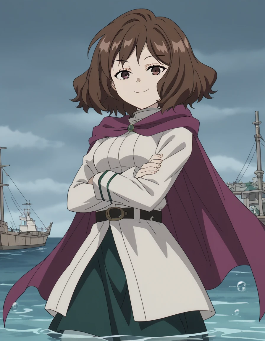 score_9, score_8_up, score_7_up, source_anime, <lora:ehre-s1-ponyxl-lora-nochekaiser:1>, ehre, short hair, brown hair, brown eyes, medium hair, medium breasts, anime screencap, skirt, long sleeves, dress, belt, cape, purple cape, jetty, water, boats, dock, narrow, smile, crossed arms, smug, looking at viewer, solo,, dutch angle, cowboy shot