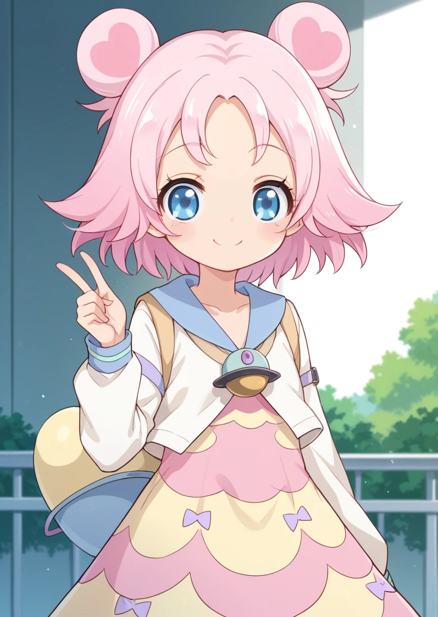 score_9, score_8_up, score_7_up, score_6_up, score_5_up, labra, blue eyes, pink hair, short hair, double bun, dress, 1girl, solo, smile, jacket, jewelry