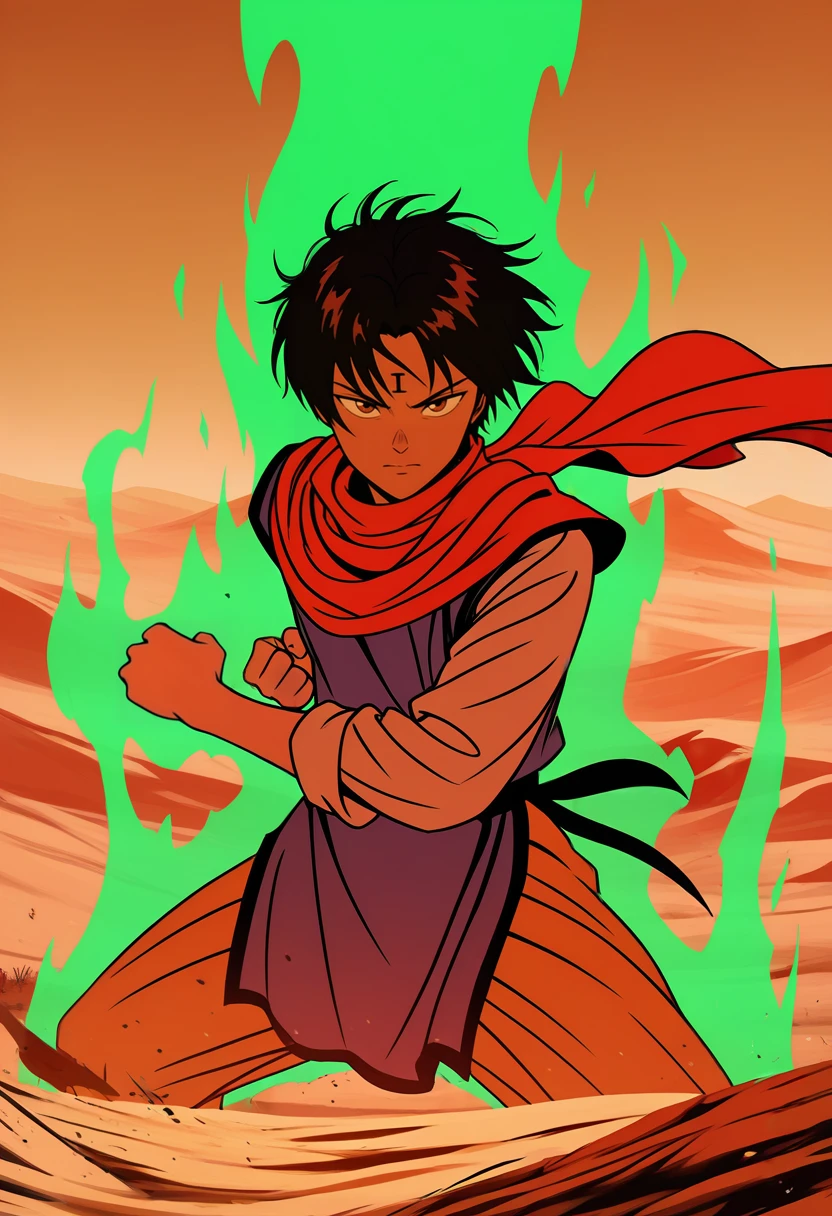 masterpiece, best quality, vibrant, very aesthetic, high contrast, anime, 1boy, <lora:Koenma_ILLU:0.8> knma_yyh, forehead mark, fighting stance, scarf, green aura, desert, masterwork, raytracing, highly detailed, absurdres, masterful composition, cinematic lighting, rim lighting