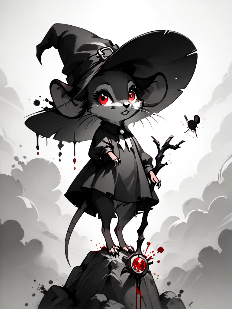 score_9, score_8_up, score_8, (solo), (fluffy:0.8), (feral), outdoors, furry, (((mouse))), female, glowing red eyes, grey fur, black ears, claws, (fluffy cheeks:0.4), witch hat, (black dress), (magical staff), (cute:0.3), cel-shading, monochromemuse, monochrome, greyscale, ink splatter, sky, backlit, dark aura, arkane_dark. dramatic angle <lora:monochromemuse:0.8> monochromemuse, monochrome, greyscale, ink splatter <lora:VstickXL:0.8> vstick, score_9,score_8_up,score_7_up,highres, masterpiece,