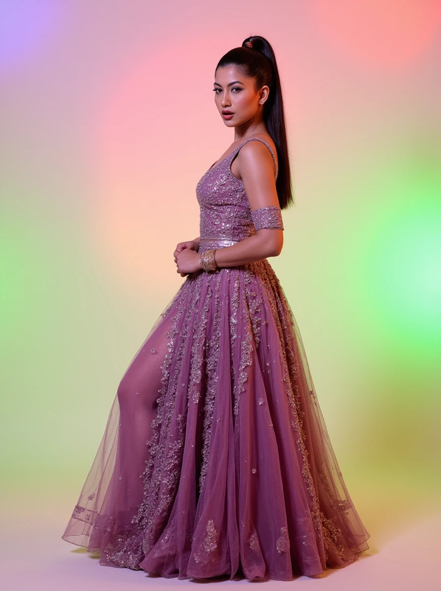 cowboy shot photo of Gauhar Khan woman,hyper realistic candid photo  open mouth,studio quality, wearing intricate conservative long sleeved Plum Long Anarkali Gown, high ponytail, pastel shaded multicolored background, cinematic lighting<lora:TestBed\Gauhar_Khan_Flux_Kohya_LoRA_v1.safetensors:1.0:1.0>