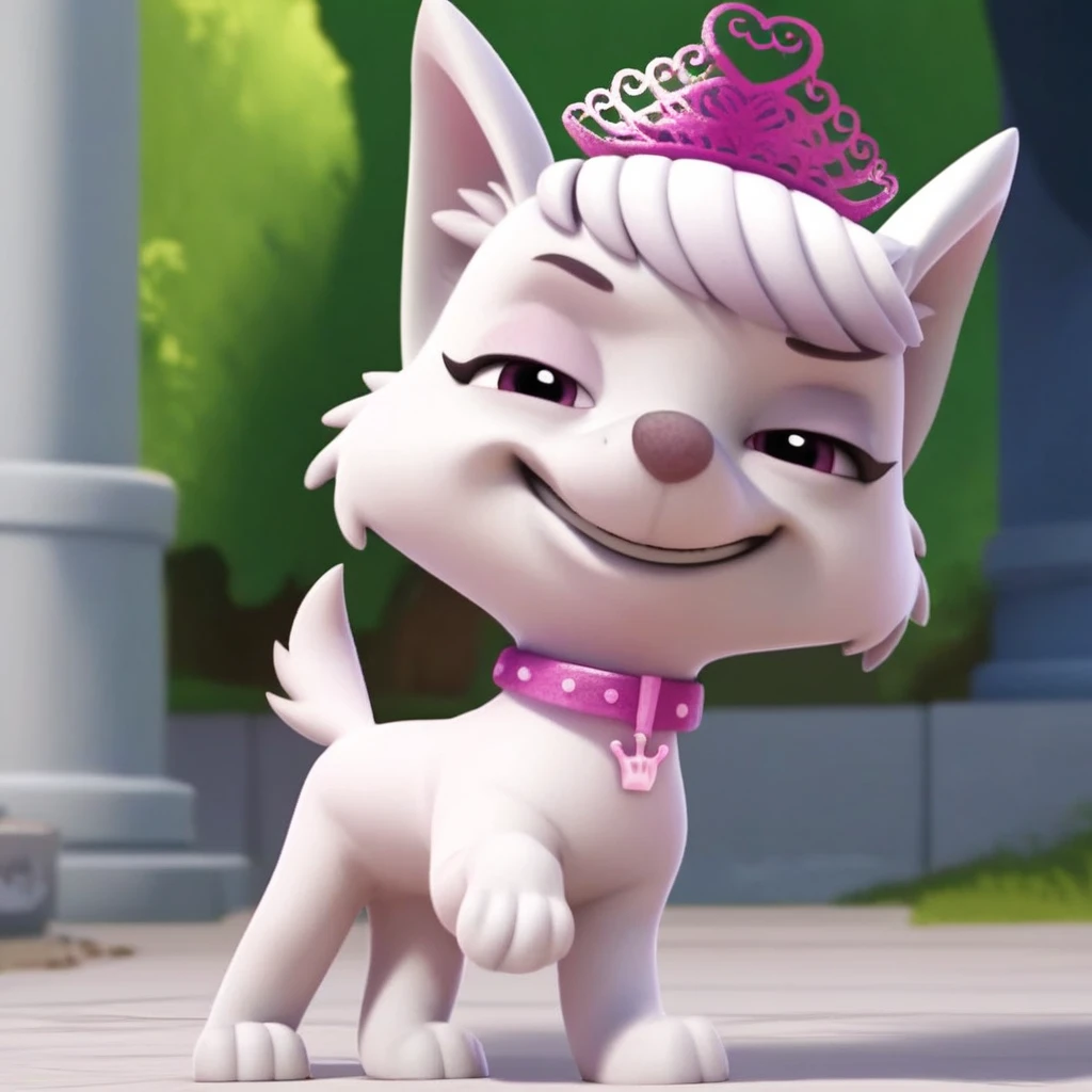 score_9, score_8_up, score_8, score_7, source_cartoon, Sweetie(pp), solo, 1girl, feral, dog, dog girl, West Highland White Terrier, white fur, bangs, pointed ears, short tail, pink eyes, small body, pink collar, crown shaped tag, pink tiara, full body, looking at viewer, standing, smile, eyes half closed, smug expression, outdoors, castle setting,