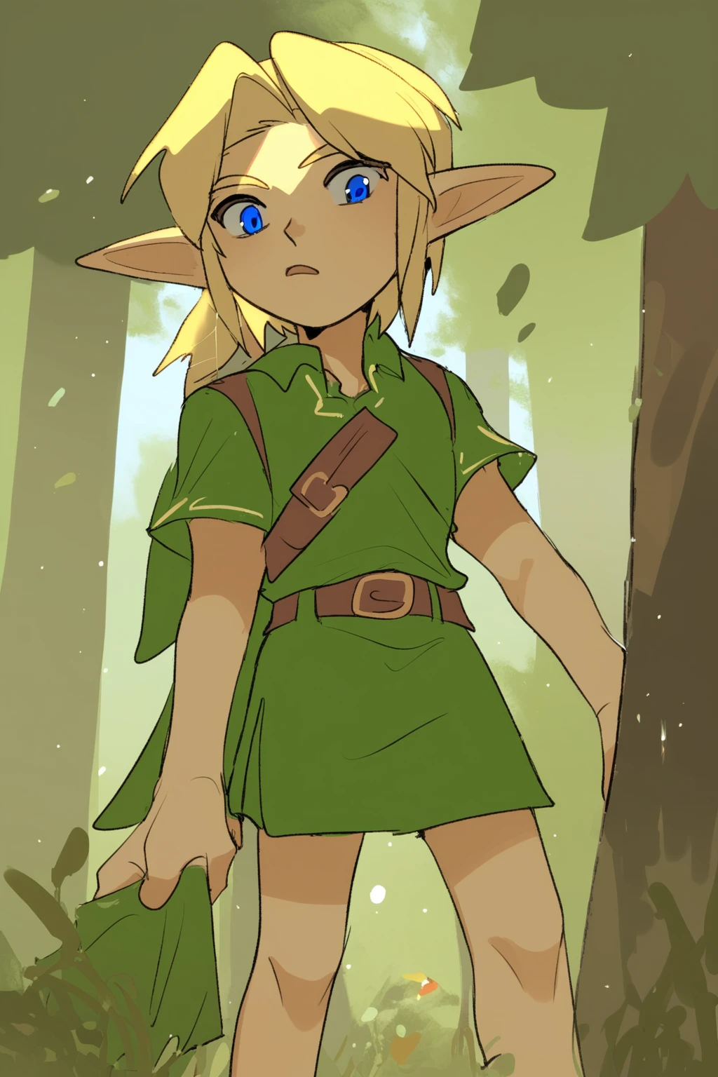 score_9, score_8_up, score_7_up, suikaelsiStyle, 1boy,  blonde hair, blue eyes, blurry, blurry background, commentary request, forest, green shorts, highres, link, male focus, nature, navi, nintendo, outdoors, pointy ears, short sleeves, shorts,  solo, suikaels, the legend of zelda, the legend of zelda: ocarina of time, young link