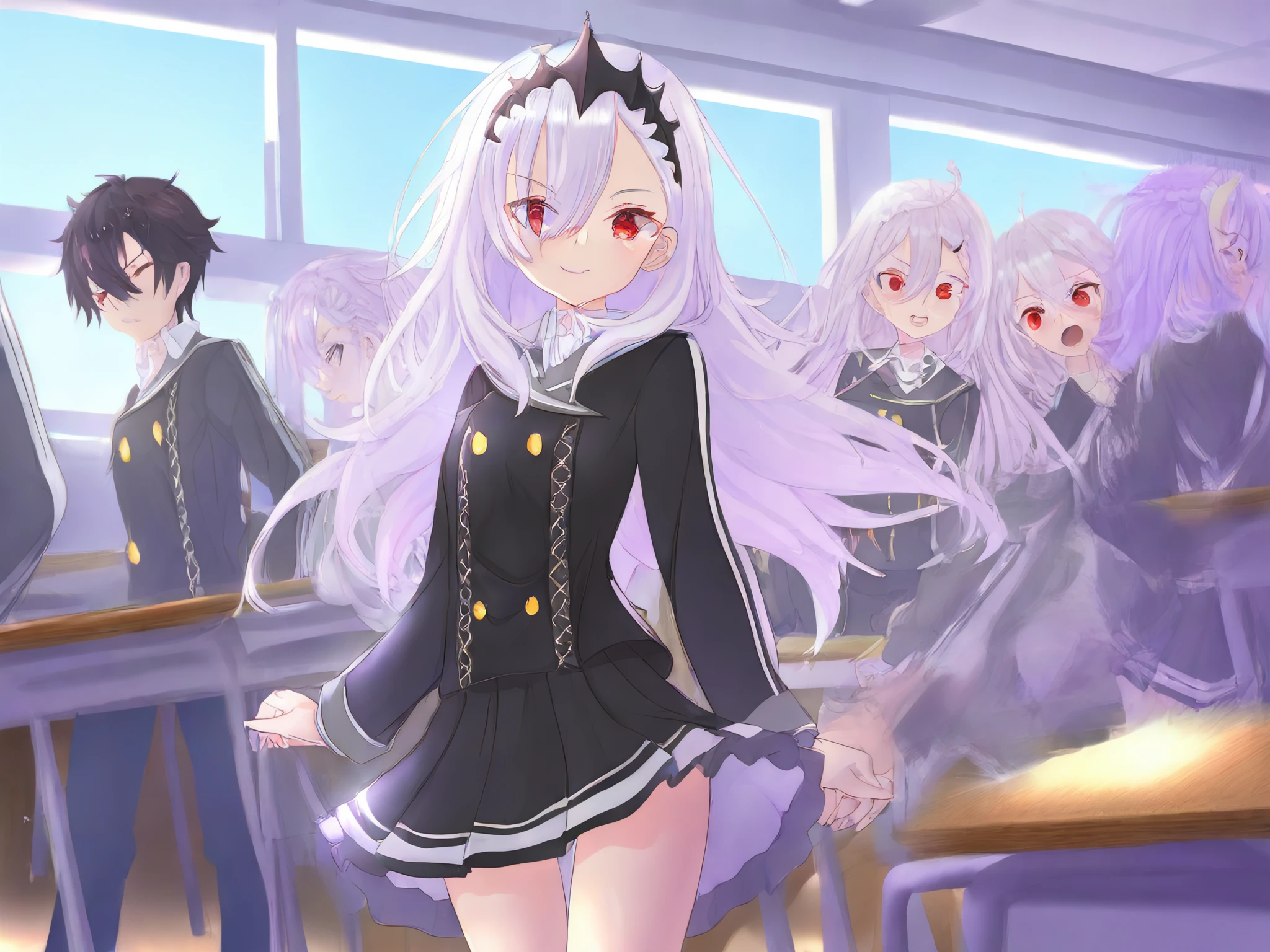 best quality, recent,  pastel_colors, watercolor_\(medium\),  classroom, crowded,  1girl, sumeragi setsuna, ongeki, red eyes, black uniform jacket, double-breasted, smile, talking <lora:Setsuna/Illustrious/Sumeragi_Setsuna_-_Version_2>