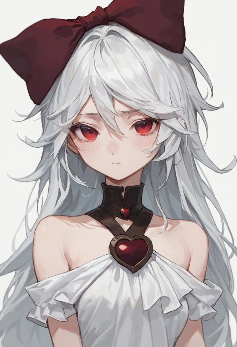 score_9, score_8_up, score_7_up, sinestrea, 1girl, white hair, bare shoulders, white dress, frown hair bow, long hair, heart brooch, medium breasts, hair bow, ribbon, red eyes,