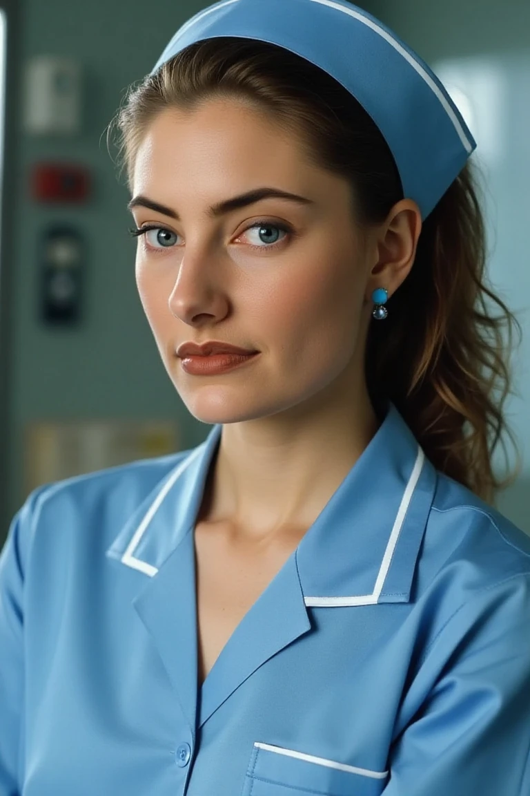 A highly detailed, realistic photo of madhenflx, A close-up shot of a nurse woman in a blue collared button down nurse shirt with a white collar and white stripes on the collar. The woman's hair is pulled back in a ponytail and she is wearing a blue and white nurse uniform headband. Her blue earrings are dangling from her ears. The background is blurred, but it is out of focus.