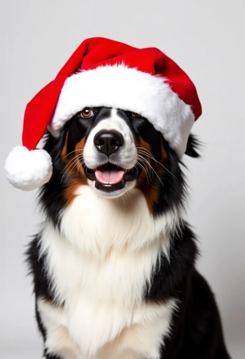 An adorable border collie dog Wearing a Santa Hat, studio photography, christmas theme