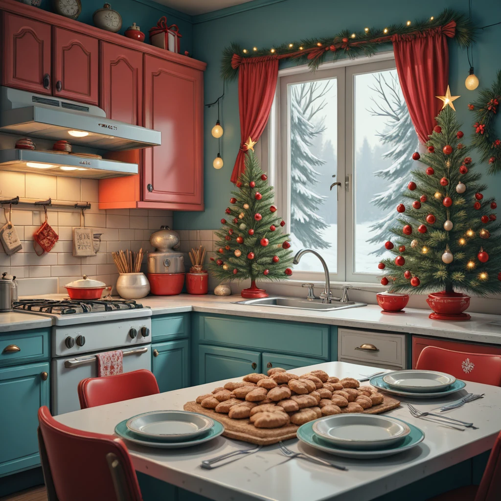 kitchen_christmas_style, a cozy kitchen decorated for Christmas with glowing string lights and teal cabinets.