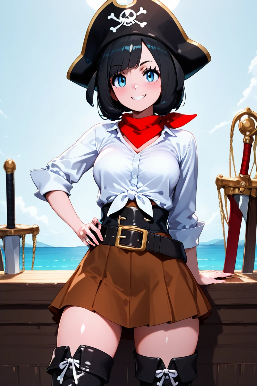 score_9, score_8_up, score_8, medium breasts, (curvy), cute, eyelashes,      ,,,  zzSSeleneCitron, blue eyes, black hair, short hair,  shirt, hat, white shirt, pirate hat, skirt, thighhighs, boots, belt, brown skirt,  <lora:SwashbucklerSelenePDXL:1.0>, BREAK, smile, looking at viewer, cowboy shot, ,,, embedding:zPDXL, Expressiveh, ,,, <lora:Zy0n7_PDXL:0.8>, <lora:SDXLFaeTastic2400:0.5>, <lora:Expressive_H-000001:0.4>,