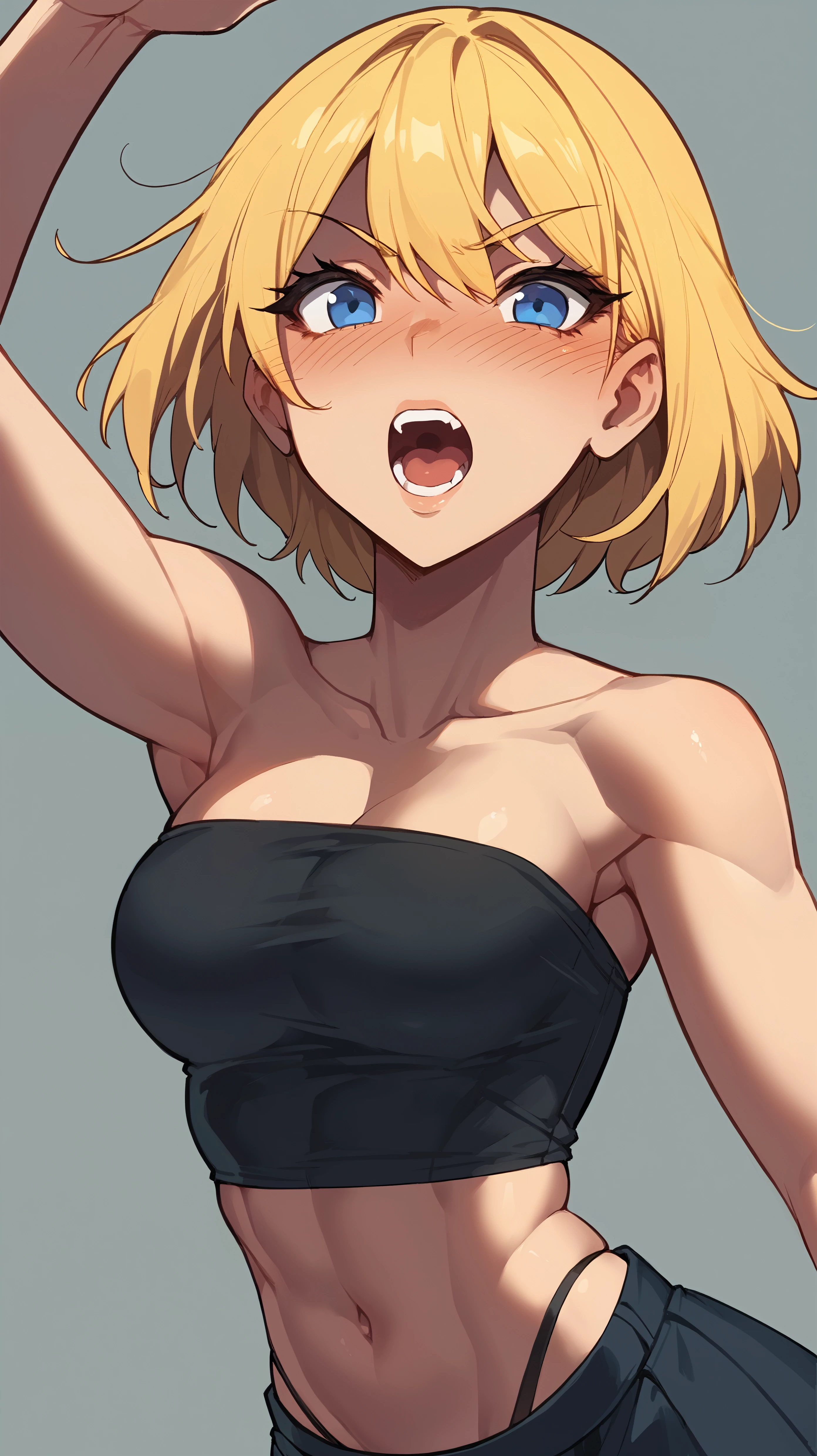 score_9,score_8_up,score_7_up,score_6_up, source_anime, girl,  <lora:Frerry_epoch_15:0.7>, Frerry, dynamic pose, arm at her side,  blonde hair, blue eyes, blush, fishnet, face focus, girl focus, navel, closeup, black tank top, strapless top, thong, black skirt,