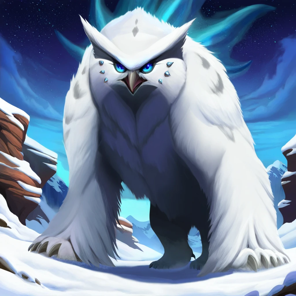 ethereal fantasy concept art of   <lora:Owlbears-illustrious:1> owlbr, anime artwork, ultra detailed textures, masterpiece, ultra defined colors, 8k, cinematic, wide-angle shot, owlbr,  owlbear creature, white and gray fur with frost tips, piercing icy blue eyes, rugged snowy mountain pass, jagged cliffs, blizzard atmosphere, snow particles, dramatic lighting, high contrast shadows, mid-range shot, fantasy tundra environment, cold color palette . magnificent, celestial, ethereal, painterly, epic, majestic, magical, fantasy art, cover art, dreamy