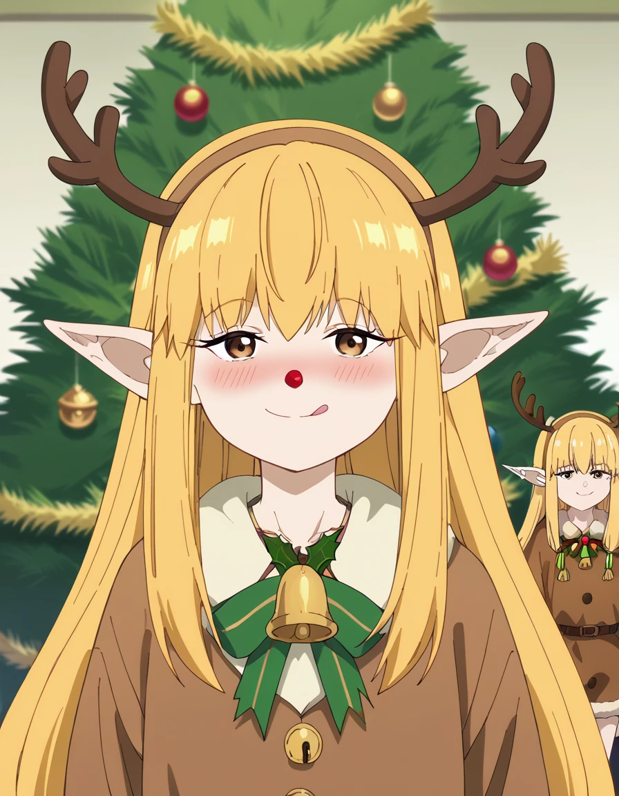 score_9, score_8_up, score_7_up, source_anime, <lora:serie-s1-ponyxl-lora-nochekaiser:1>, serie, long hair, bangs, blonde hair, brown eyes, pointy ears, elf, anime screencap, <lora:reindeer-costume-ponyxl-lora-nochekaiser:1>, reindeer costume, animal costume, reindeer antlers, antlers, fake antlers, reindeer hood, christmas, red nose, deer ears, deer tail, christmas tree, bell, horns, reindeer,, blush, smile, tongue out, looking at viewer,, , dutch angle, cowboy shot