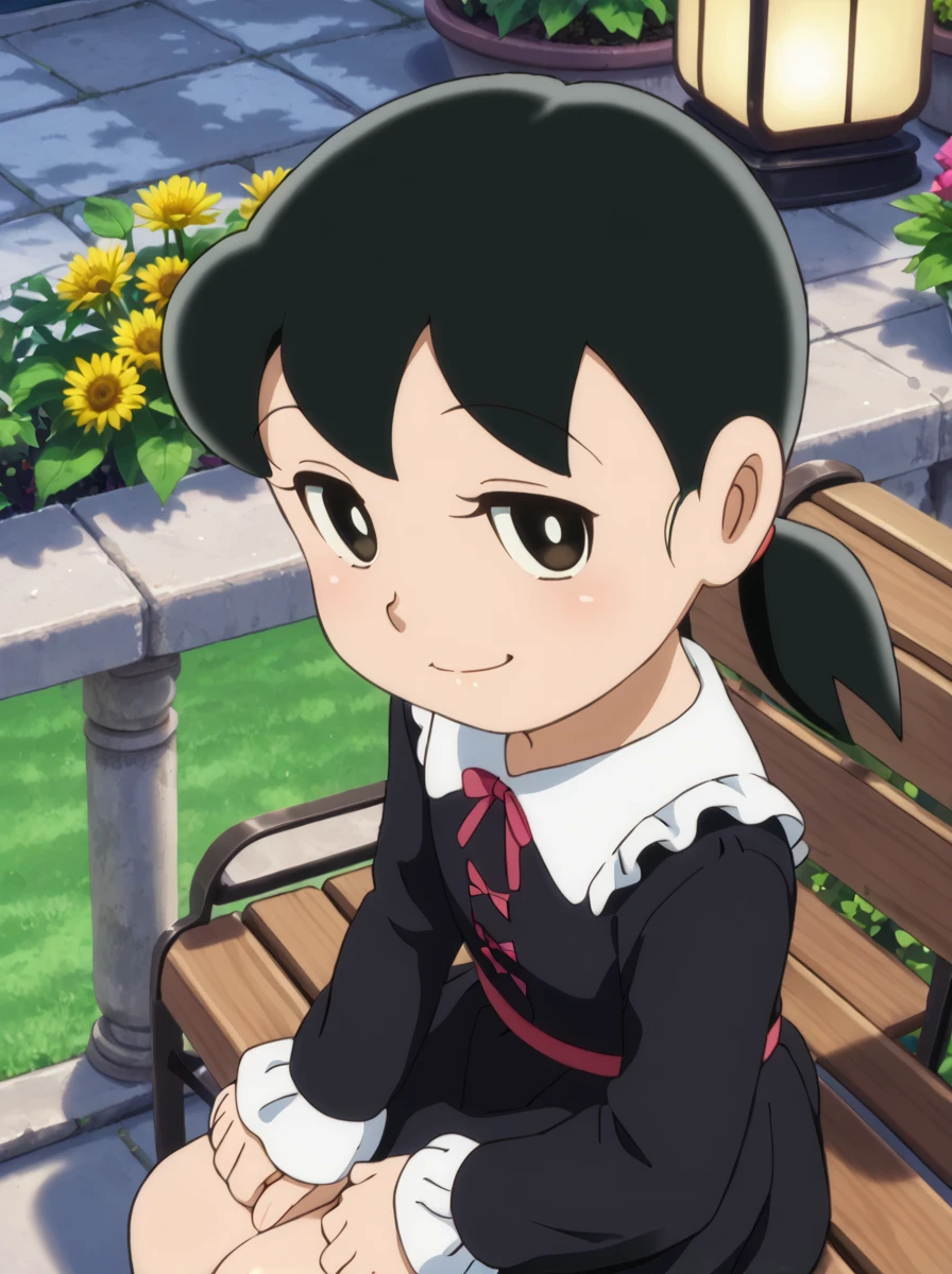 detailed background, shiny skin, posing, rating safe,
<lora:shizuka.pony:1.0>,
shizuka,
gothic fashion, dress, long sleeves, lace, frill, blouse, fishnet,
smug,
garden, bench, sit, from side, high angle, looking at viewer, lantern,