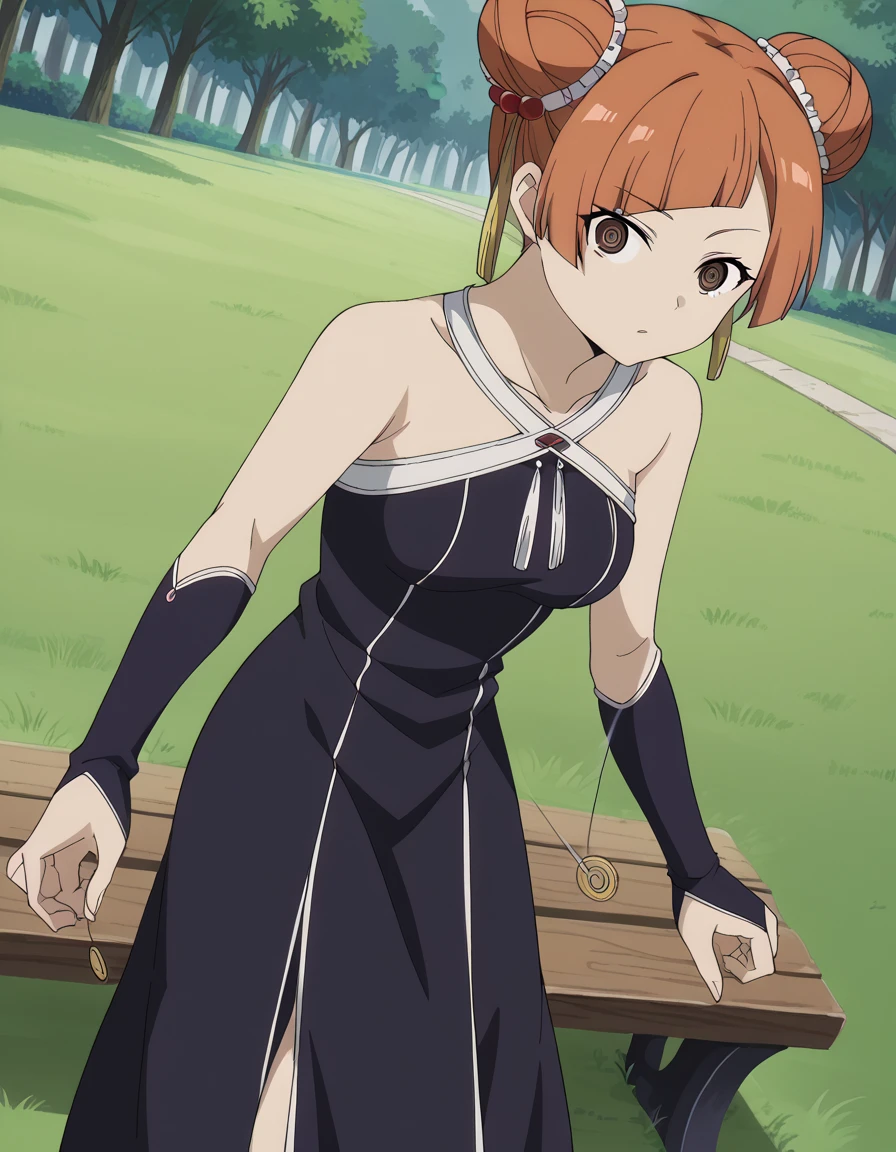 score_9, score_8_up, score_7_up, source_anime, <lora:laufen-s1-ponyxl-lora-nochekaiser:1>, laufen, hair bun, double bun, orange hair, brown eyes, hair ornament, medium breasts, anime screencap, dress, bare shoulders, black dress, halterneck, elbow gloves,, park, grass, benches, path, recreation, , <lora:pendulum-ponyxl-lora-nochekaiser:1>, pendulum, holed coin, coin on string, hypnosis, mind control, coin, @ @,, looking at viewer, solo,, dutch angle, cowboy shot