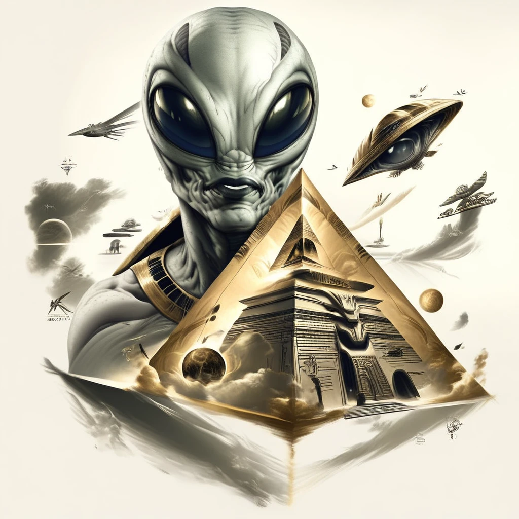 grayscalecolorpoptattooart, tattoo art design, tattoo flash art style, male focus, alien, pyramid, white background, Grayscale with vibrant gold