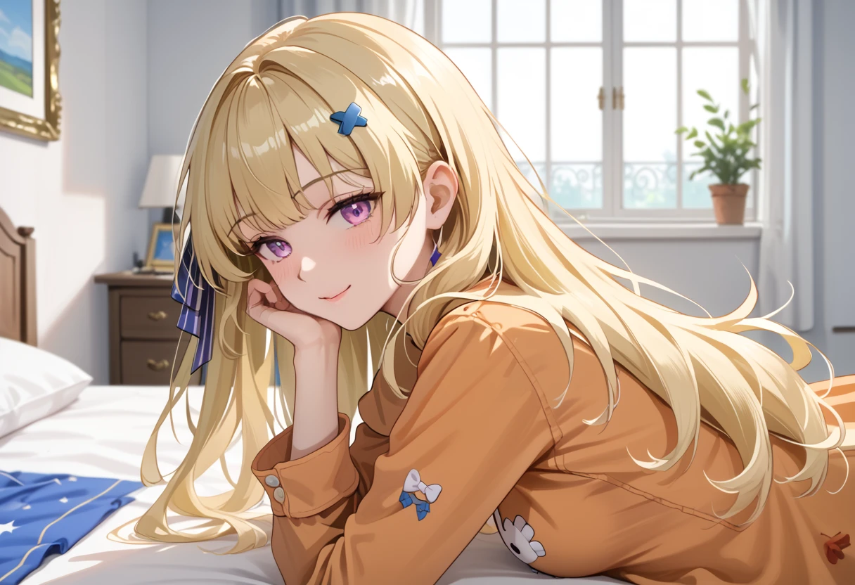 score_9, score_8_up, score_7_up, BREAK source_anime, (masterpiece), (best quality), 1girl, blonde hair, purple eyes, long hair, orange pajamas, hair ornaments, looking at viewer, slightly smile, shine, bedroom, lied on bed, (from side:0.7), (masterpiece), (best quality), (ultra detailed), (masterpiece, best quality, amazing quality, highres, absurdres, very aesthetic, depth of field), long sleeves, closeup upper body only