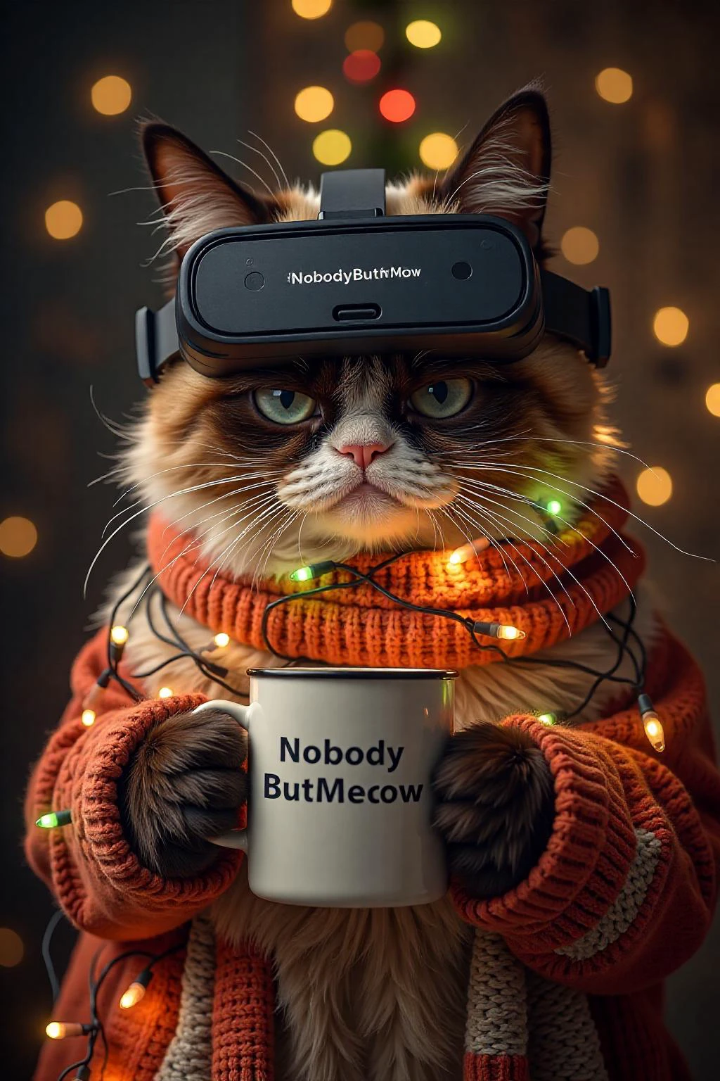 Grumpy Cat, decoreated with Christmas lights, holding a coffee mug, wearing a VR Headset. The mug has the phrase "NobodyButMeow" printed <lora:Flux-Sch-SingleBlocks-BF16:1.0><lora:808016892079077908:0>