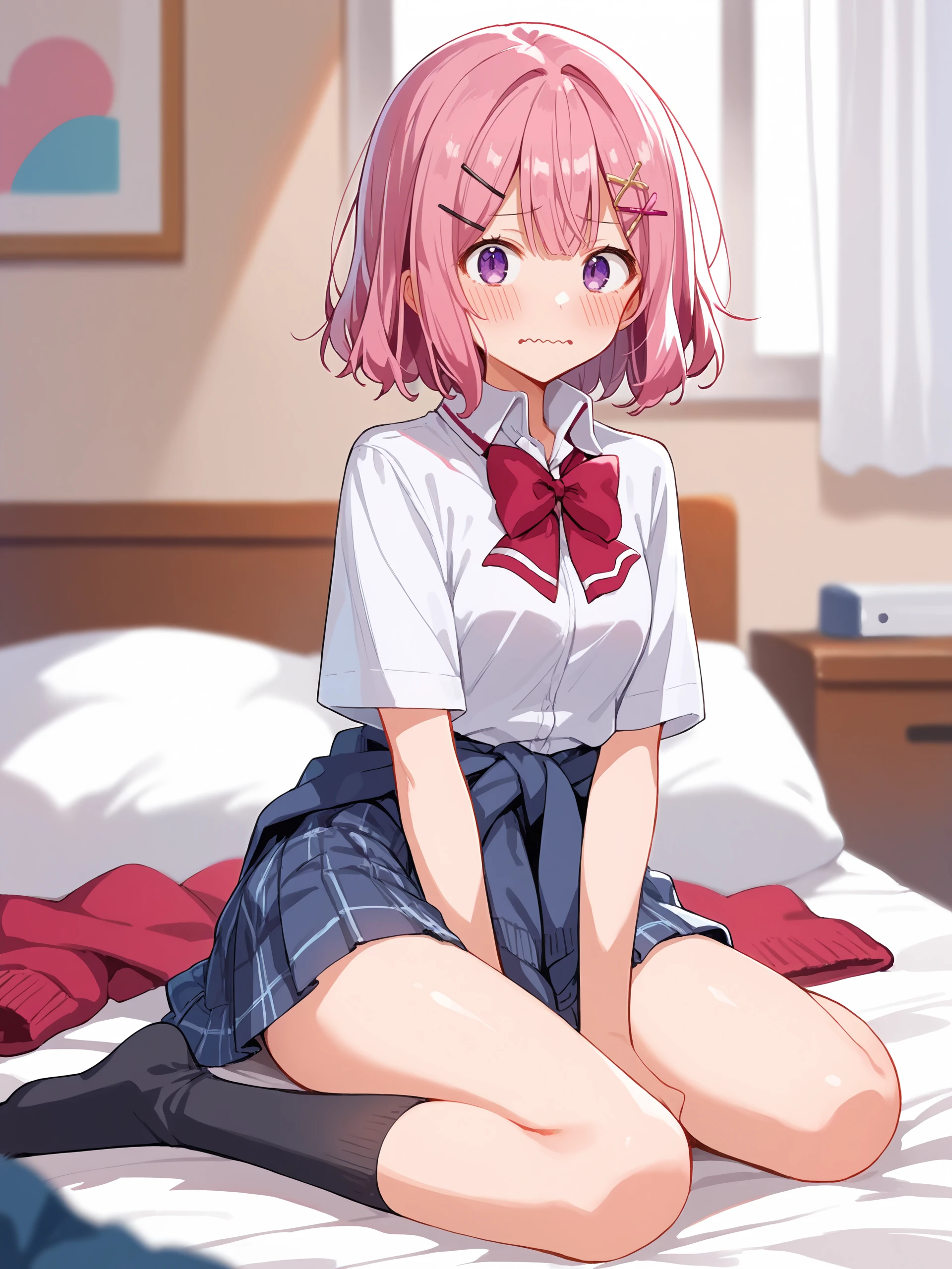 1girl, amaori renako, solo, purple eyes, hairclip, school uniform, pleated skirt, plaid skirt, white collared shirt, red bowtie, clothes around waist, black kneehighs, looking at viewer, embarrassed, blush, wavy mouth, sitting on bed, full body, bedroom, indoors, blurry background score_9, score_8_up, score_7_up, source_anime <lora:Char-Amaori_Renako-V1-pony:0.9>