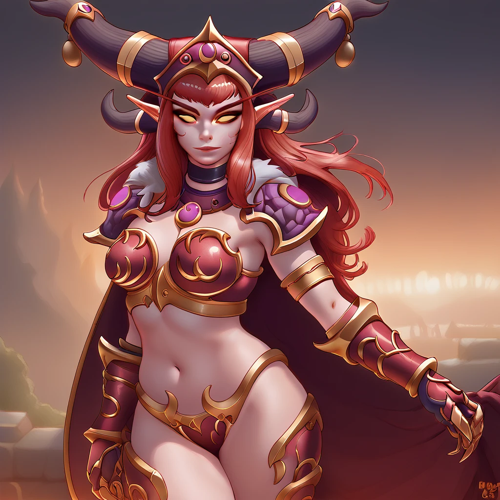 alexstrasza, 1girl, horns, red hair, long hair, pointy ears, yellow eyes, breasts, armor, cape, horn ornament, navel, gauntlets, jewelry, looking at viewer