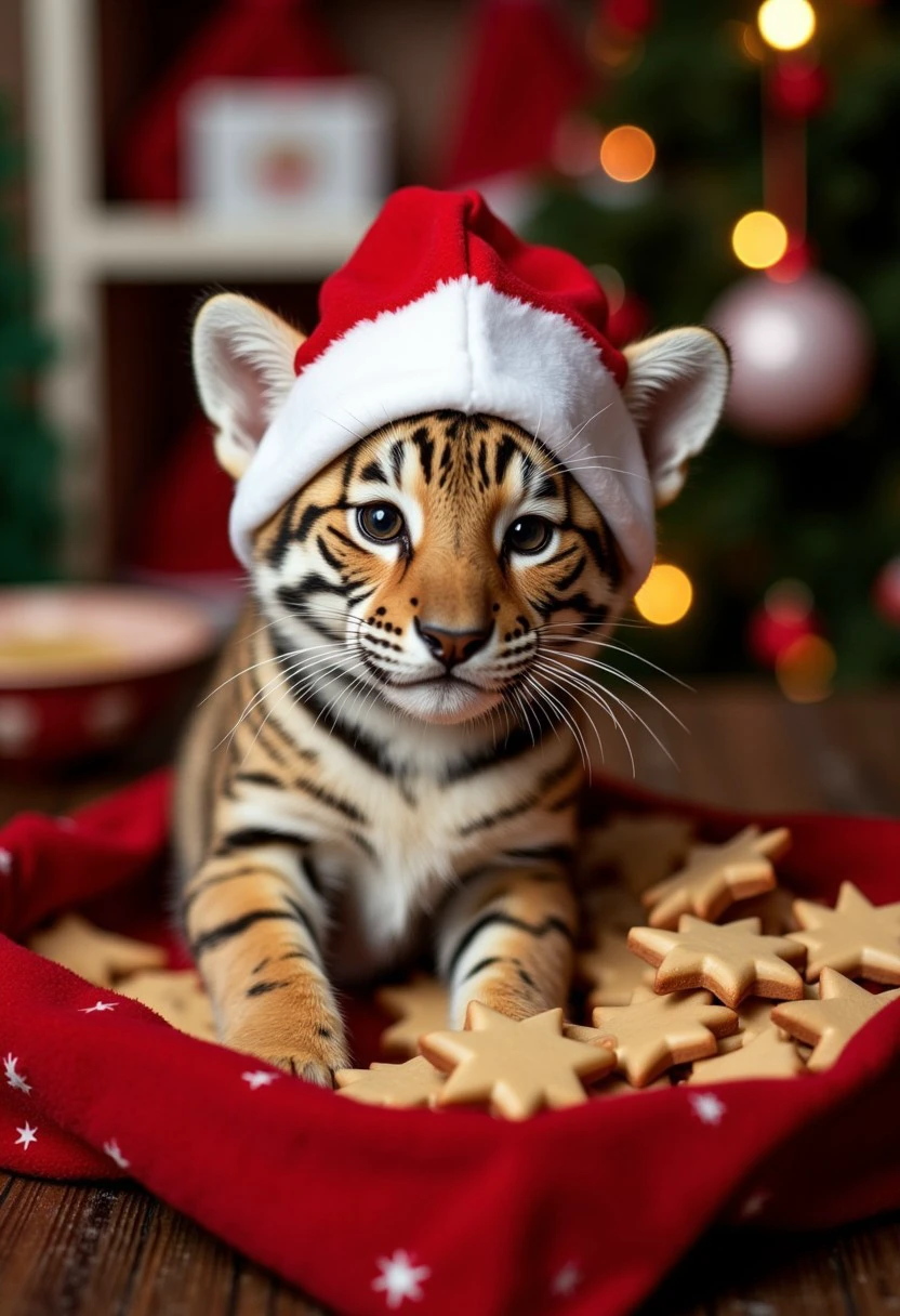 An adorable Tiger cat, Wearing a Santa Hat, studio photography, christmas theme, indoors, christmas tree, christmas baking, cookies, warm themes of smells eminiating from the kitchen