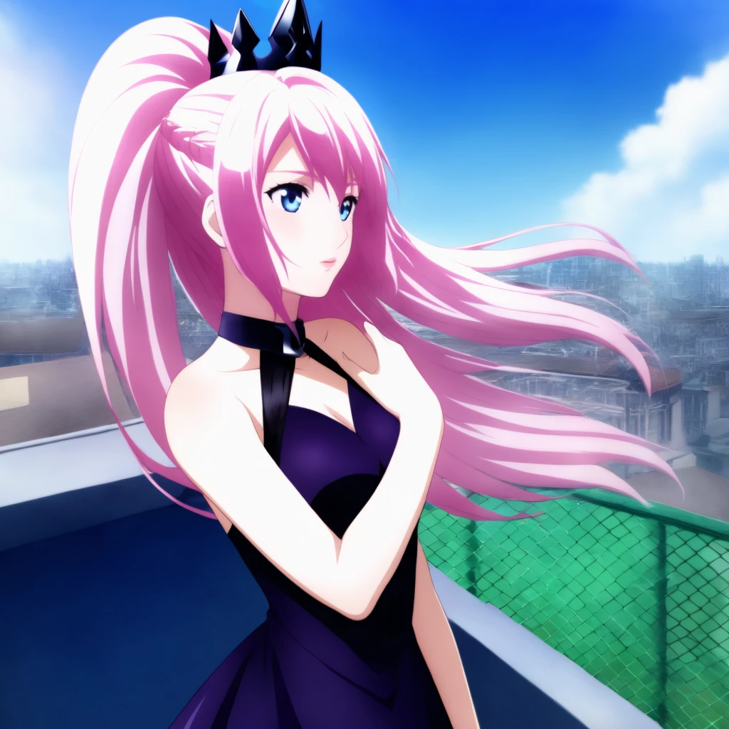 masterpiece,best quality, skanade, 1girl, solo, two side up, 15_Shionne_01B_Black_Dress_ThornsDress, shionne 01b, pale skin, (long hair),pink hair, (blue eyes),medium breast size,1girl black dress, dress, solo,dress, bare shoulders, sleeveless, sleeveless dress, black crown, purple dress,  upper body, looking up, hand on the chin, rooftop,chain-link fence,  wind,  floating hair, standing,  thinking, very beautiful, so attractive,  <lora:Shionne_Black_Dress-000014:0.9>