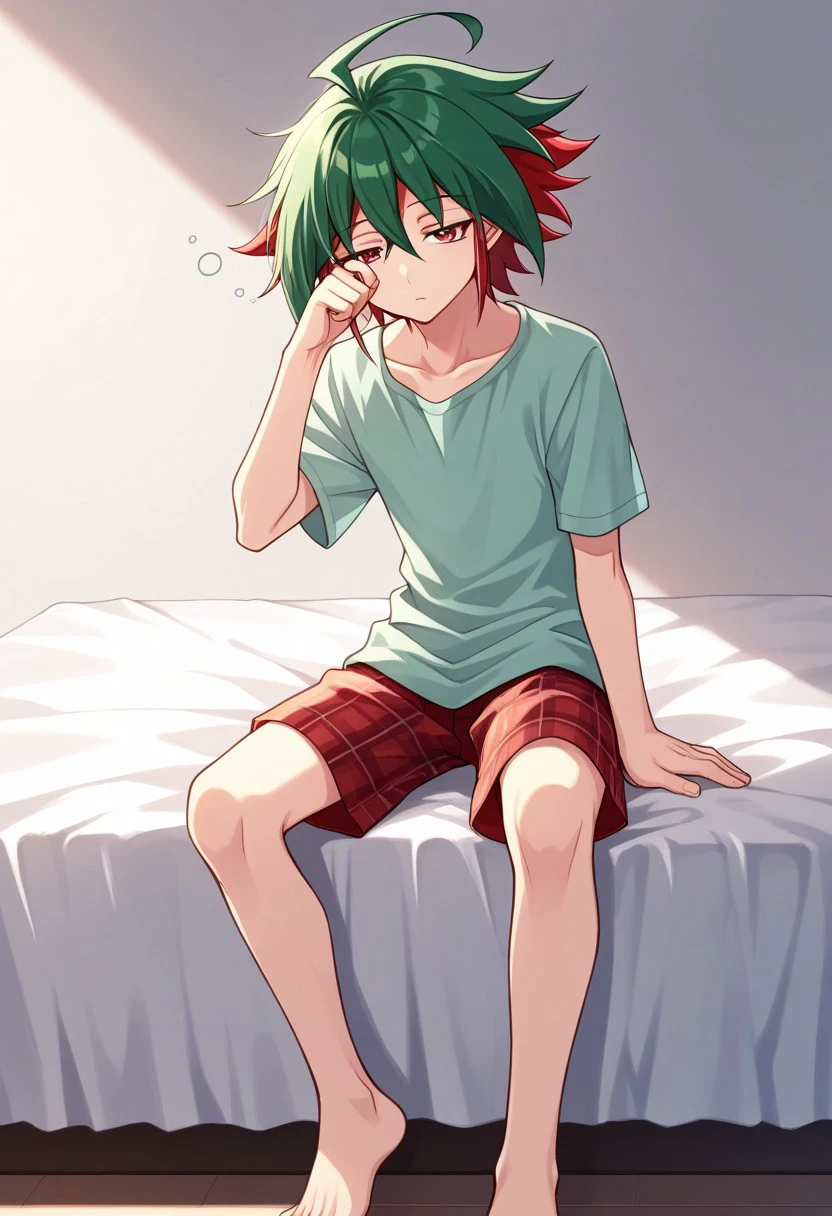 masterpiece, best quality, 
yuya, 1boy, male focus, solo, red eyes, multicolored hair, two-tone hair, green hair, red hair, ahoge, hair between eyes, spiked hair, bangs,  pajama, plaid pajama, barefoot, sleepy,
indoor, bed, sitting,