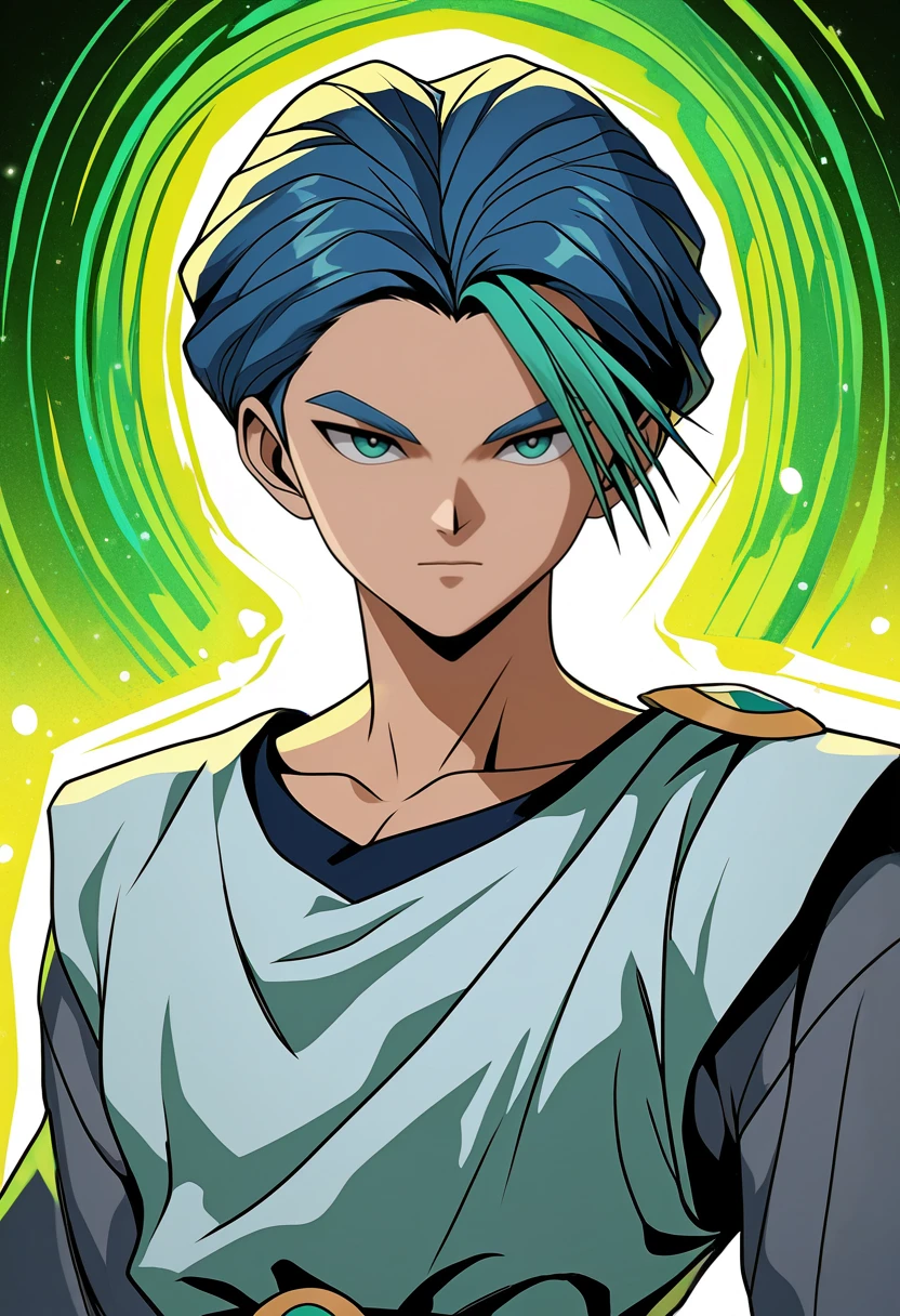 masterpiece, best quality, vibrant, very aesthetic, high contrast, 1boy, <lora:Touya_YuYu_Hakusho_ILLU:0.8> touya_yyh, two-tone hair, blue hair, green bangs, white tunic, upper body, looking at viewer, masterwork, raytracing, highly detailed, absurdres, masterful composition, cinematic lighting, rim lighting