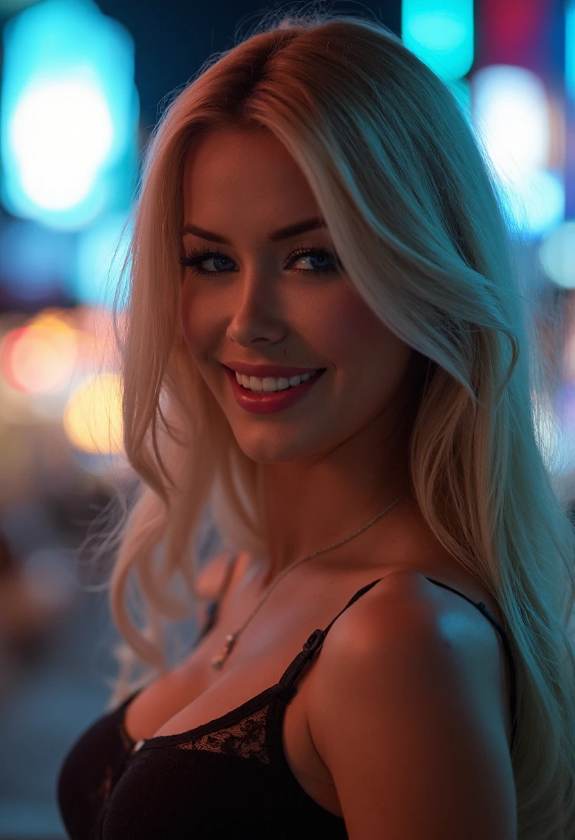 the image is a high-quality professional  close-up photograph of  beautiful kennedysummers. She is wearing  organza. She is looking directly at the viewer and smiling. The background is cyberpunk city. This photo is a headshot. Shot with small amount of film grain