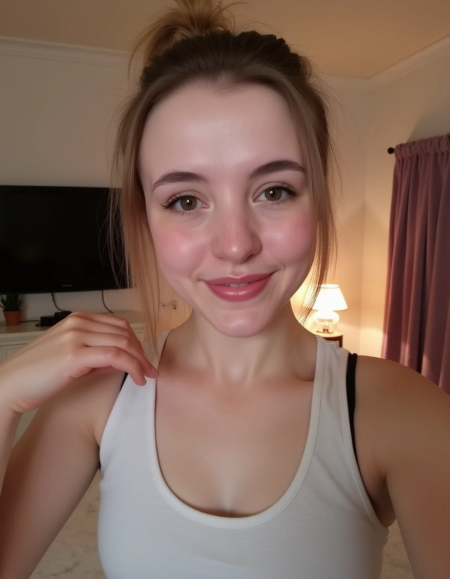 This is a selfie of 3L41R1D4, a beautiful detailed photograph, light makeup, standing in a room looking at the viewer, lamp light illuminating her face, smiling, showing her teeth.