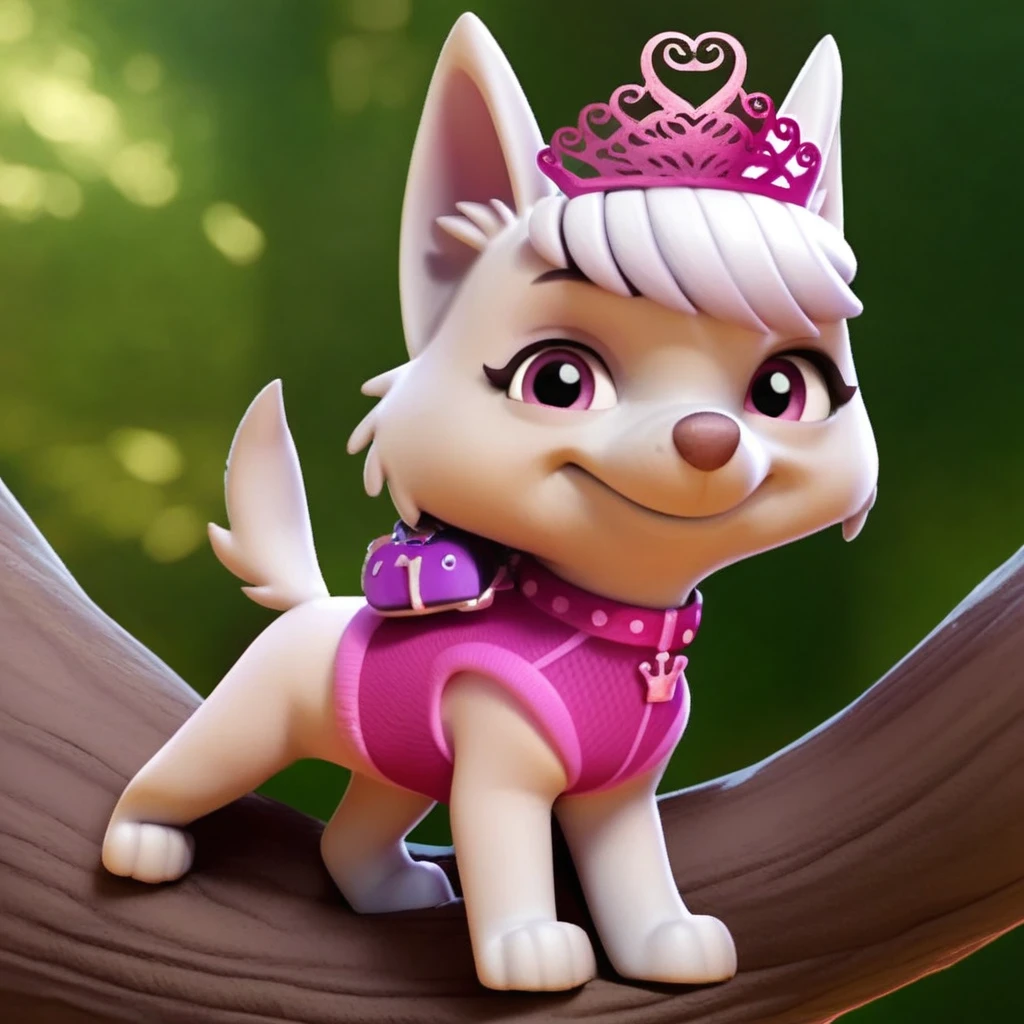 score_9, score_8_up, score_8, score_7, source_cartoon, Sweetie(pp), solo, 1girl, feral, dog, dog girl, West Highland White Terrier, white fur, bangs, pointed ears, short tail, pink eyes, small body, pink collar, crown shaped tag, pink tiara, pink vest, full body, looking at viewer, standing on tree branch, eyes half closed, stoic expression, nighttime, forest background,