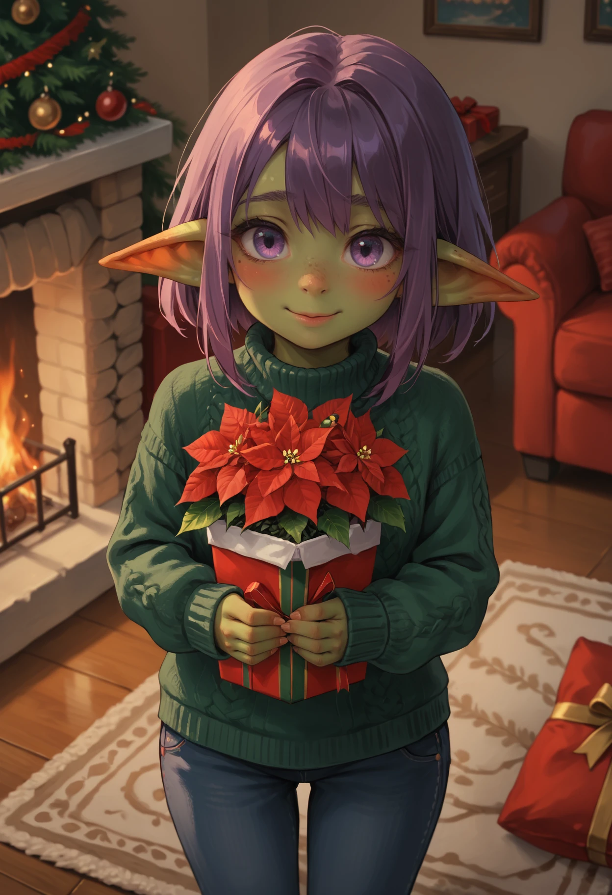 score_9, score_8_up, score_7_up, rating_safe, highly detailed, female, cute goblin, green skin, purple hair, sweater, pants, (shy), smile, rug, fireplace, living room, BREAK, poinsettia, red flower bouquet, christmas, winter, close up, from above <lora:Poinsettia_Pony:0.5>