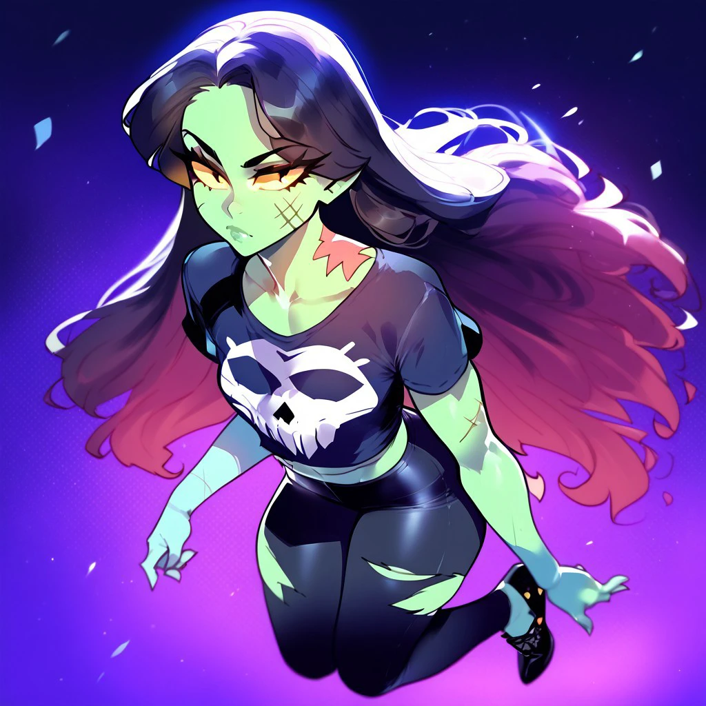 score_9, score_8_up, score_7_up 
   , masterpiece, beautiful,
1girl, solo, Zomcom, yellow sclera, cat eyes, black eyes,colored skin, green skin, long hair, black hair, neck wound, left arm blue colored,multicolored hair,midriff,skull printed t-shirt,black pants, torn pants, black shoes,