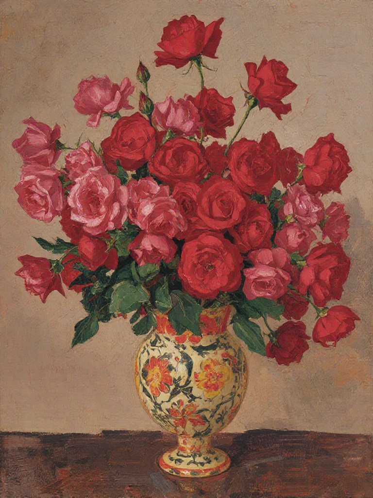 a floral vessel full of red roses by claude monet.oil paint with brush strokes.<lora:Claude Monet Flux-GMR_epoch_5:1>