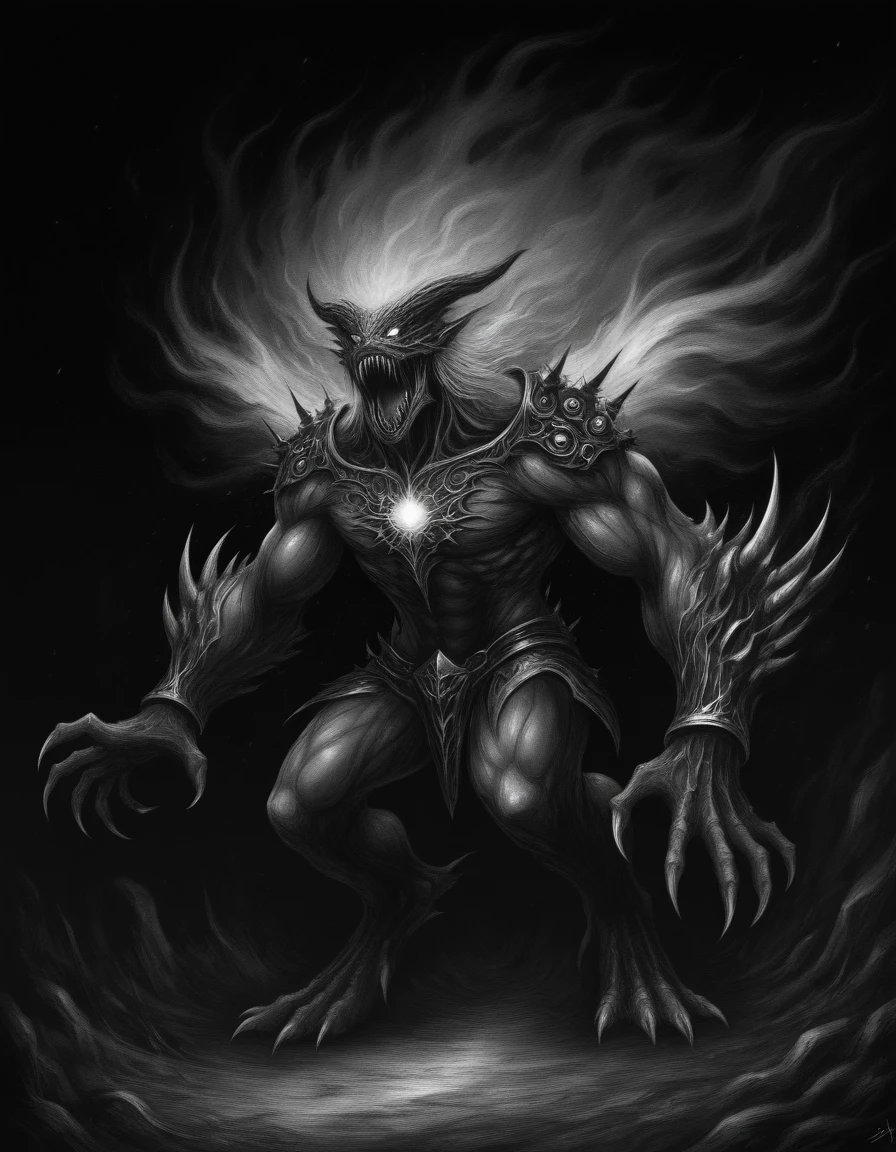 mm-style, monochrome, black background, (sharp, pointed teeth visible in a wide open mouth. Its eyes are glowing yellow and arms are muscular and end in large, clawed hands. Its chest and back are adorned with spikes, A slender fae enchantress with silver hair and glowing wings, covered in delicate, sparkling trinkets that seem to hum with magic, her aura enchanting everyone around.), mechanical ,horror, dark fantasy, full body, <lora:Monochrome_Monsters_IllustriousXL:0.45>