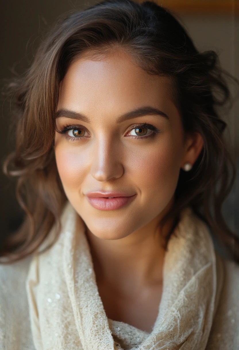 the image is a high-quality professional  close-up photograph of  beautiful  jaclynswedberg She is wearing  cashmere. She is looking directly at the viewer and smiling. The background is apartment. This photo is a headshot. Shot with small amount of film grain