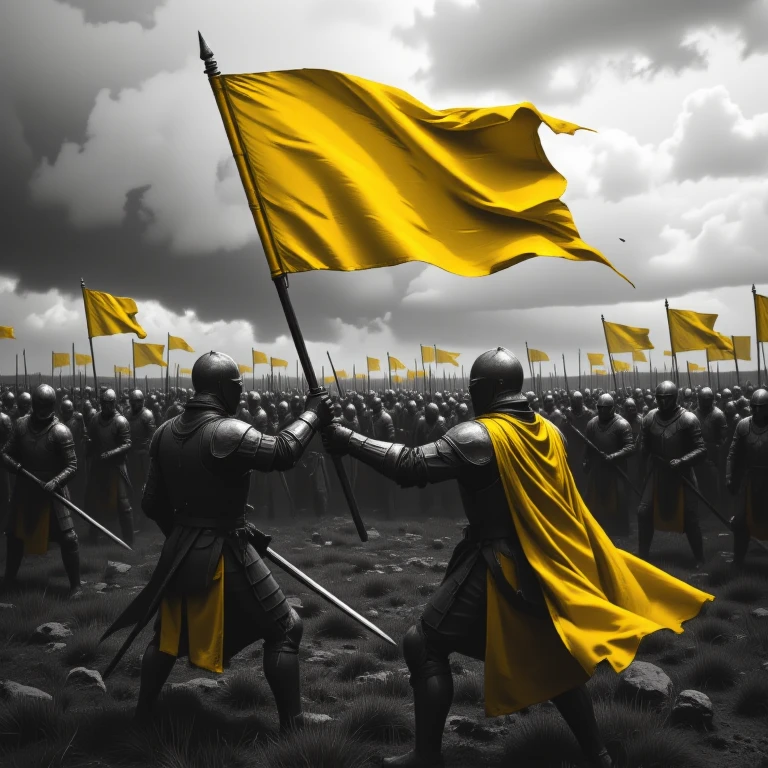 GrayscaleColorPop, A grayscale battlefield with knights in armor clashing swords under a stormy sky. Among the chaos, the knight's banner flutters in the wind, its vivid royal yellow fabric standing out against the grayscale scene, symbolizing loyalty and courage. greyscale only with vibrant yellow. GrayscaleColorPop style <lora:GrayscaleColorPopTattooArt_Flux:1>