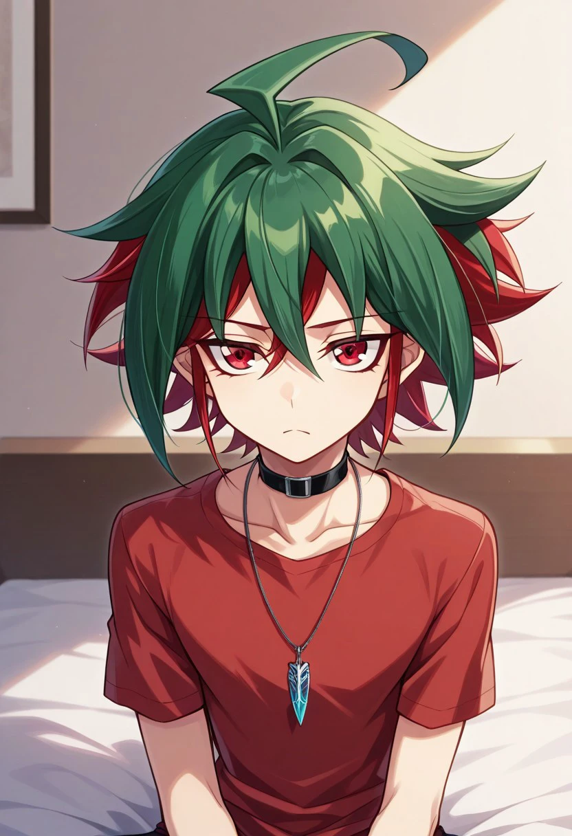 masterpiece, best quality, 
yuya, 1boy, male focus, solo, red eyes, multicolored hair, two-tone hair, green hair, red hair, ahoge, hair between eyes, spiked hair, bangs,  jewelry, necklace, pendant, choker, shirt, red shirt, short sleeves, upper body, frown,
indoor, bed, sitting,