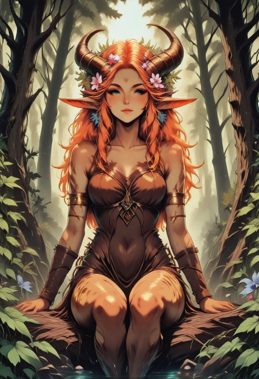 best quality, classic media, masterpiece, 1girl, faun, satyr, Dryad-NatureThemeV1 dryad, nature(theme) tree, leaf, nature, flower, pointy ears, bark skin, bark, dryad, nature(theme) wooden skin, bark skin, bark, dryad, nature(theme), wood