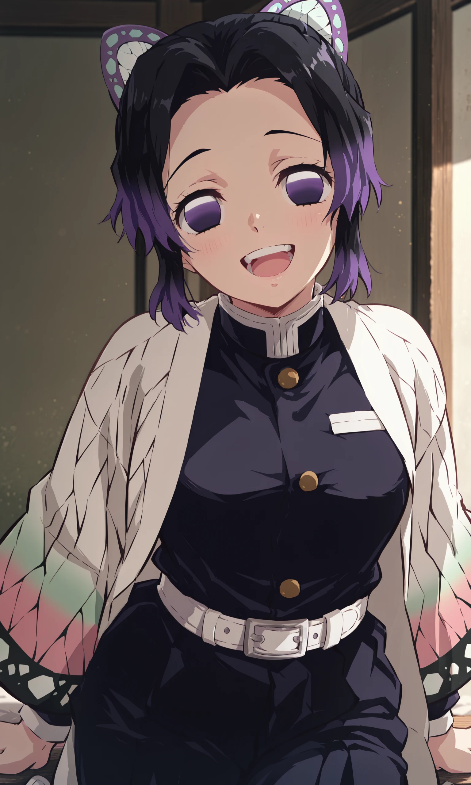 masterpiece, best quality,
<lora:Shinobu_Kochou_Demon_Slayer_Kimetsu_no_Yaiba_-_Illustrious:.6>1girl, solo, kochou shinobu,demon slayer uniform, hair ornament, butterfly hair ornament, purple eyes, short hair, black hair, purple hair, multicolored hair, black pants, Japanese clothes, long sleeves, white belt, belt buckle, socks, shoes,
cowboy shot, :D, happy girl, mouth open, smiling, teeth on top row, looking at the viewer
<lora:Asou_Artist_-_Illustrious:1>