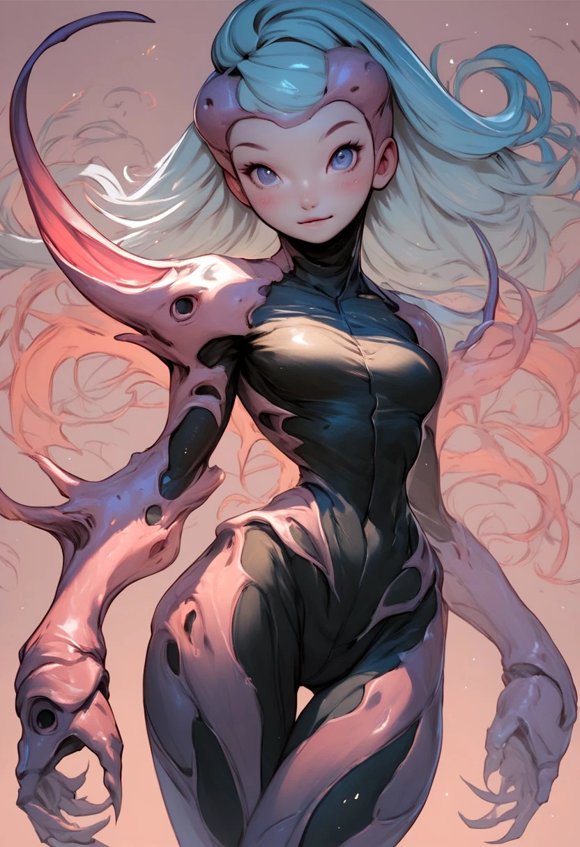 <lora:gradient monsters:0.85>, 1girl, monster girl, gradient, colored skin, solo, covered eyes, breasts, facing viewer, full body, gradient, gradient background, looking at viewer, nipples, nude, smile, solo, tentacle hair,