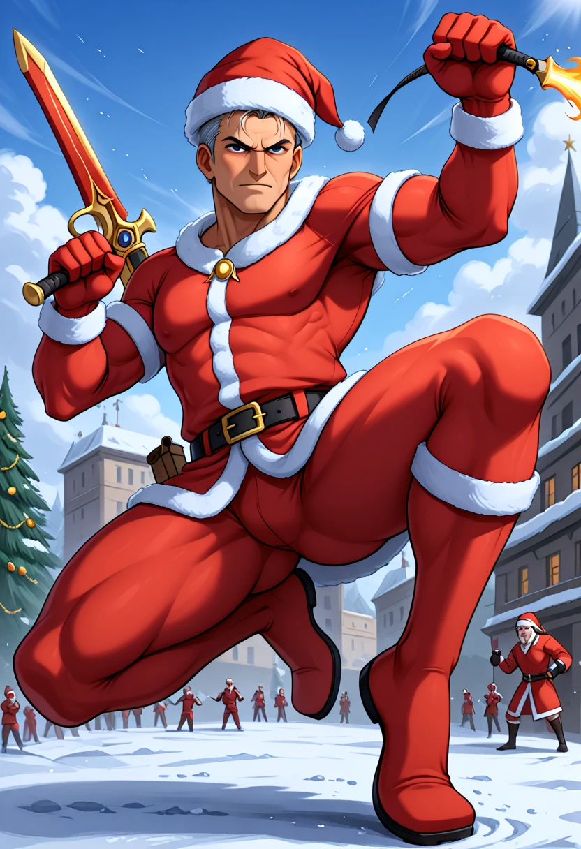 Merry Flexmas, Santa olympus flex, surrounded by pretty thots wearing Santa hats, Heroic Warrior Pose, one leg forward, weapon raised, and torso twisted for a stance that radiates dynamic power