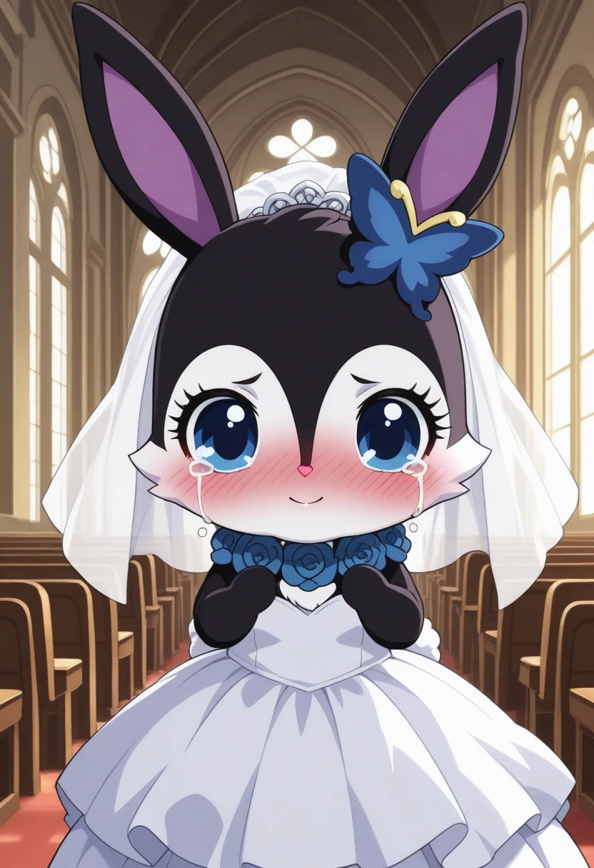 best quality, masterpiece, luea, feral, solo, blue eyes, rabbit, furry, rabbit ears, black fur, purple inner ear, white chest fur, white face, chibi, body fur, (blue butterfly hair ornament), (blue rose necklace), 1girl, looking at viewer, church, wedding dress, wedding veil, crying, blush, deep blush, nose blush, happy