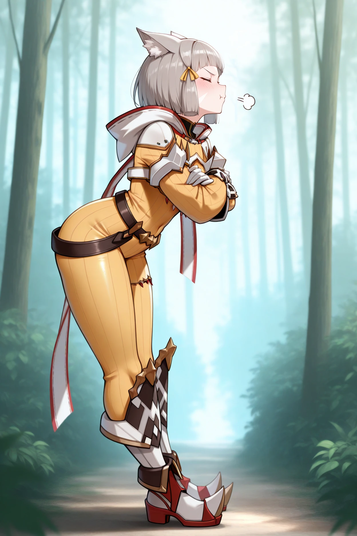 masterpiece, best quality, 1girl, solo, <lora:nia-illu-nvwls-v1_1-000006:1> xc2N1a, cat ears, grey hair, short hair, blunt bangs, facial mark, hair ribbon, yellow bodysuit, long sleeves, belt, white gloves, boots, full body, closed eyes, pout, crossed arms, blush, from side, forest