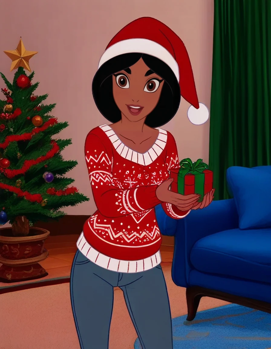 princess-jasmine, christmas sweater, jeans, holding gift, excited, santa hat, Christmas tree, living room  <lora:jasmine-fixed-64:1.2>