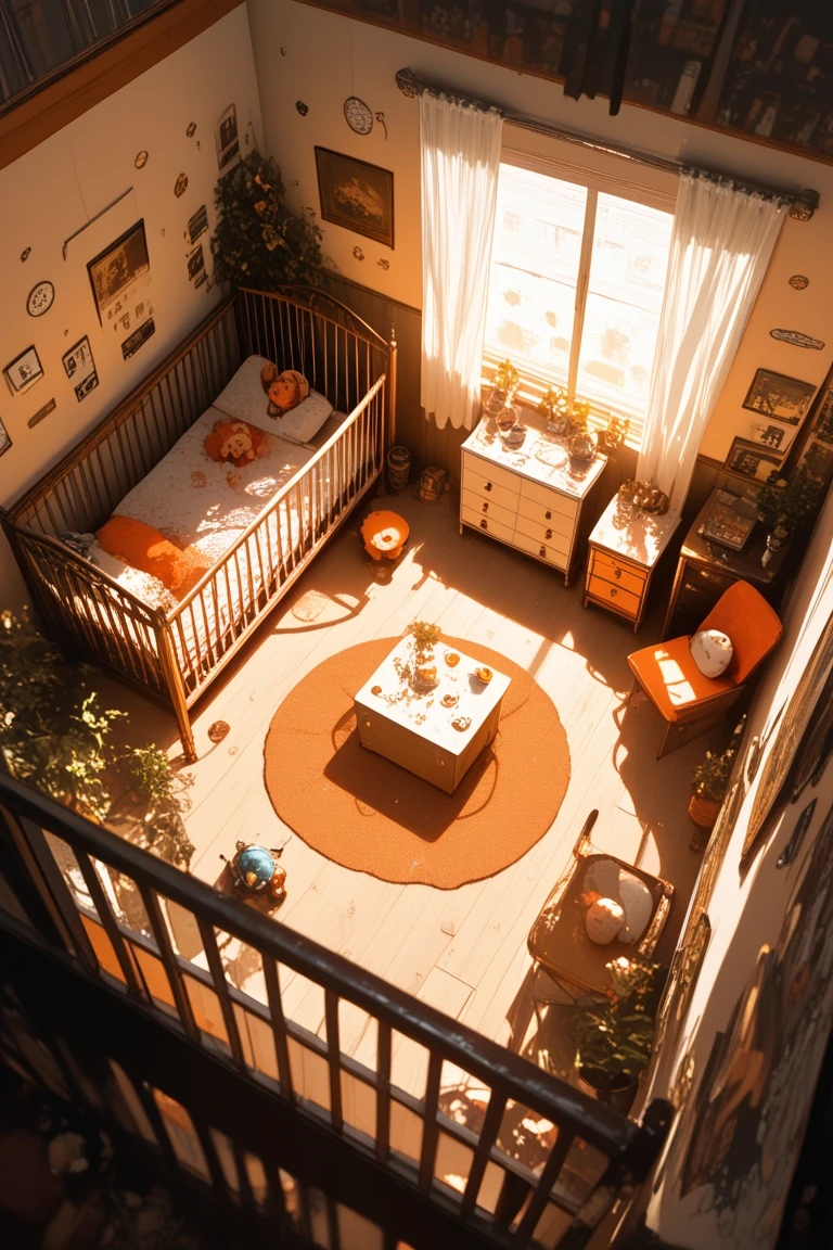 score_9, score_8_up, score_7_up, source_anime, rating_safe, realistic shading, natural lighting, afternoon, sunset, orange, theme, nursery room focus, danr, 1stclutter, 2ndclutter, crib, negative space, from above, dynamic angle, intricately detailed illustration, depth of field, atmospheric perspective, masterpiece, best quality, amazing quality, very aesthetic, absurdres, newest