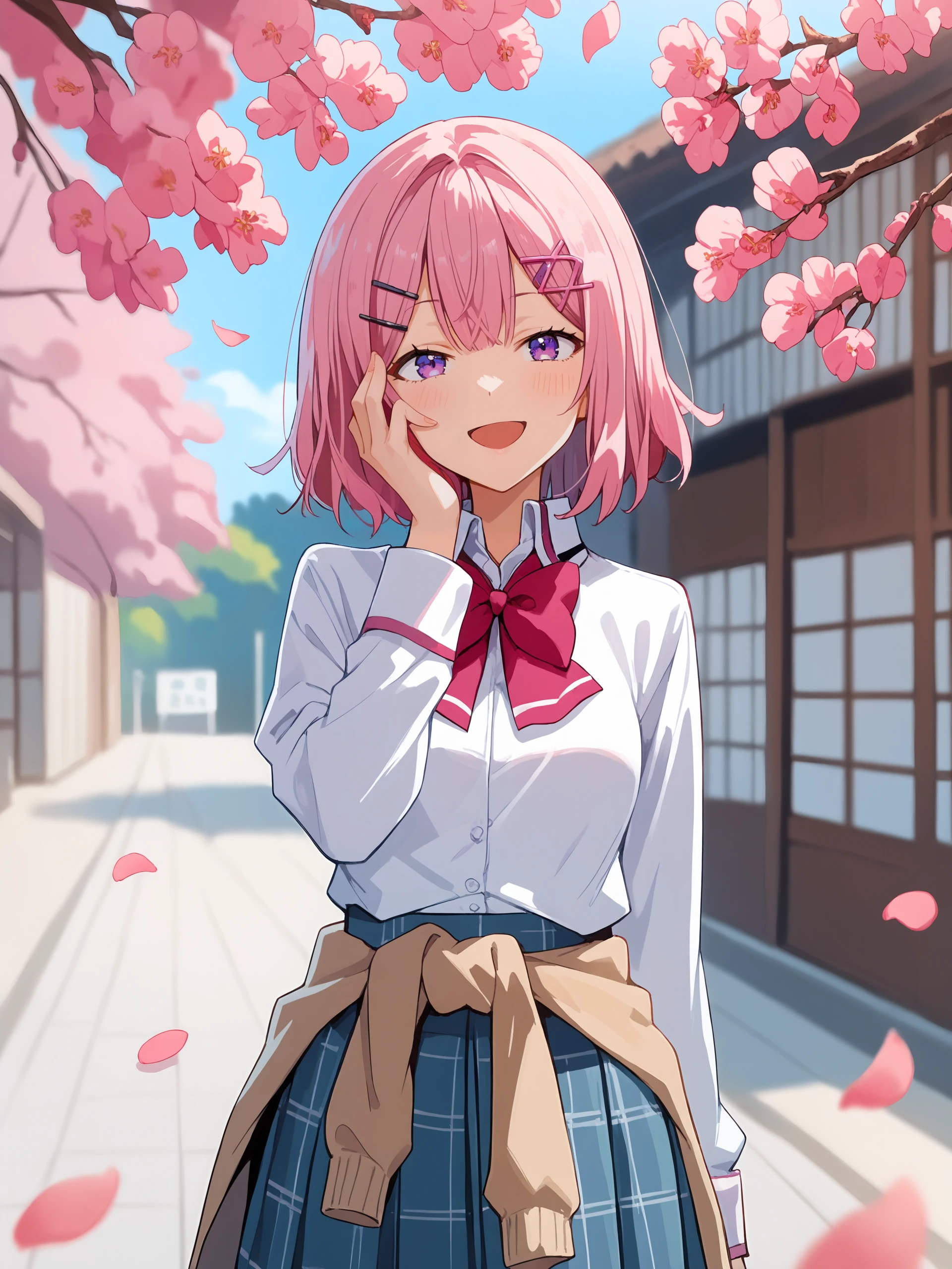 1girl, amaori renako, solo, purple eyes, hairclip, school uniform, pleated skirt, plaid skirt, white collared shirt, red bowtie, clothes around waist, looking at viewer, smug, open mouth, naughty face, hand on own face, standing, cowboy shot, outdoors, street, cherry blossoms, petals, depth of field score_9, score_8_up, score_7_up, source_anime <lora:Char-Amaori_Renako-V1-pony:0.9>