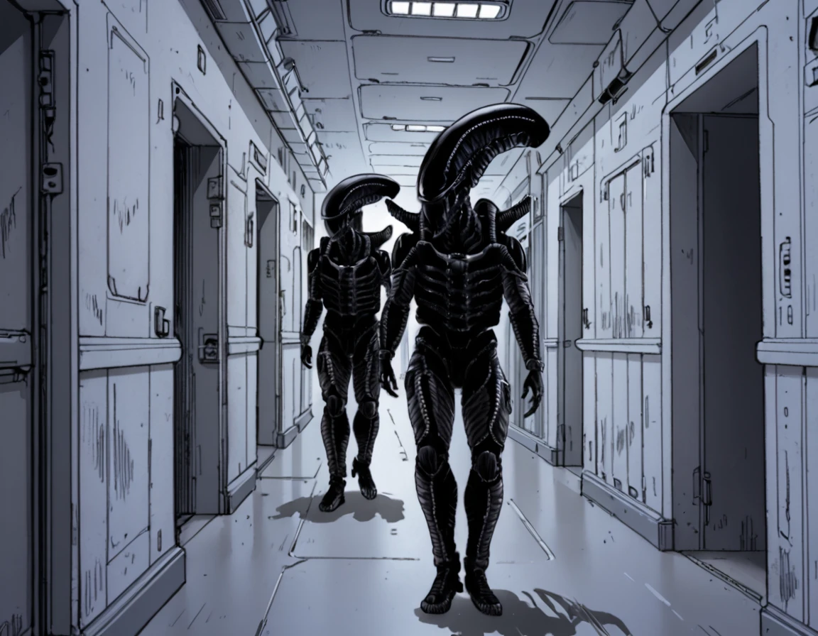 xenomorph, spacsuit, hallway, 
 <lora:Aliens_dead_orbit_-_James_Stokoe_Style:1>