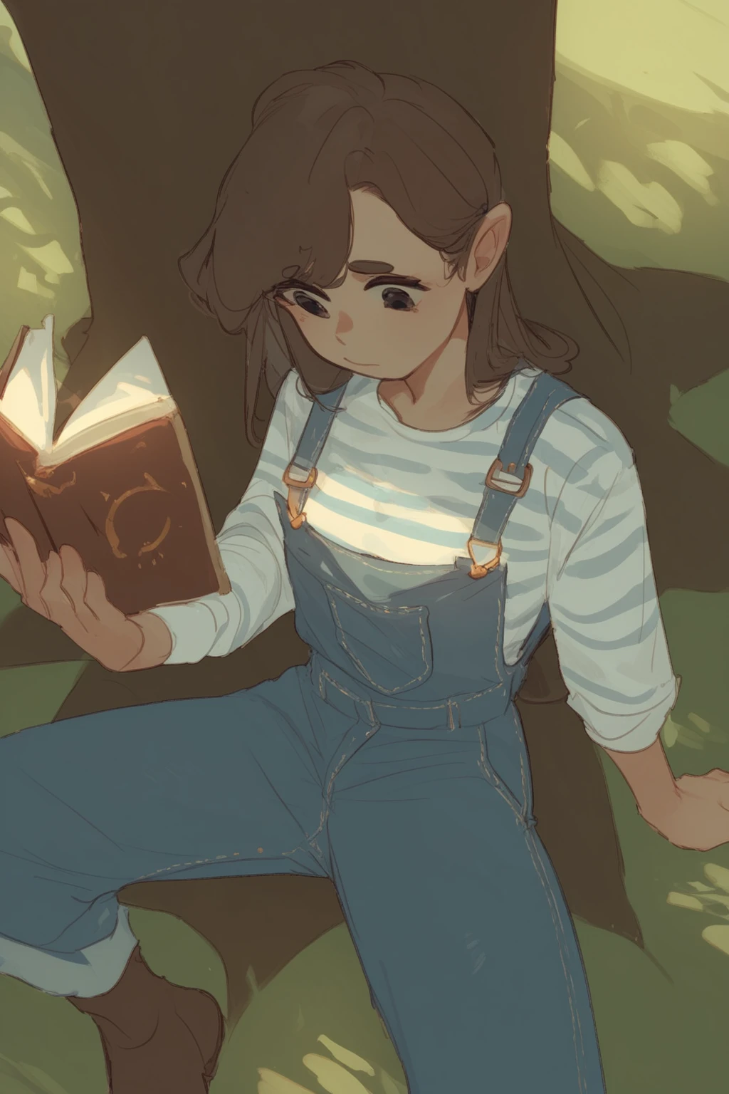 score_9, score_8_up, score_7_up, suikaelsiStyle, 1girl, blue and white striped shirt, denim overalls, reading book, under tree, thoughtful expression, peaceful park