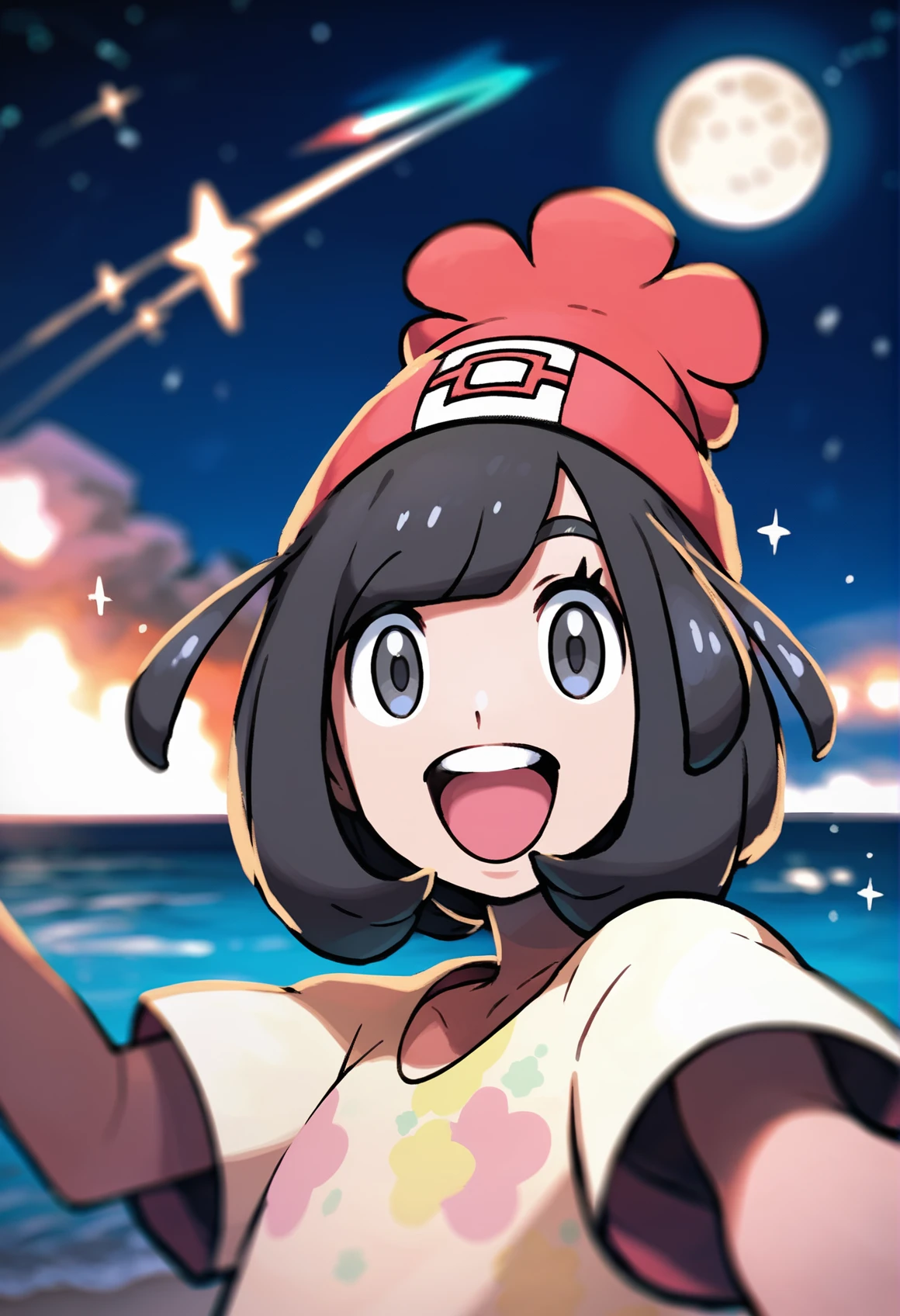 score_9,score_8_up,score_7_up,
<lora:selene:1>,eneles,
1girl,solo,
black hair,short hair,bangs,
grey eyes,looking at viewer,open smile,
red beanie,yellow short sleeves shirt,
portrait,
blurry background,vignetting,outdoors,beach,night,starry sky,full moon,shooting star,light particles,