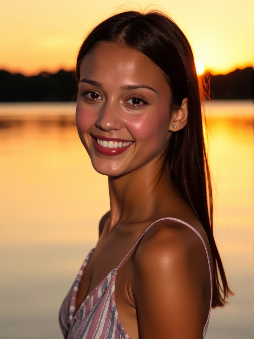 <lora:Jessica_Alba:1> woman, smiling, a high-quality, extremely-detailed, extremely-realistic photograph, wearing a modest sundress and flipflops, background is sunset over a crystal clear lake with a surface as smooth as glass, lighting and smoke effects, strong backlighting, golden hour <lora:zz_s_Stylish_Lighting:0.5>, looking directly at the viewer, looking directly at the camera, making eye contact, looking straight ahead, moist red lips, eye shadow, eye liner, blush, professional makeup, modest clothes, modest apparel, chest covered, modesty <lora:zz_s_Chest_Size_Slider:-2>